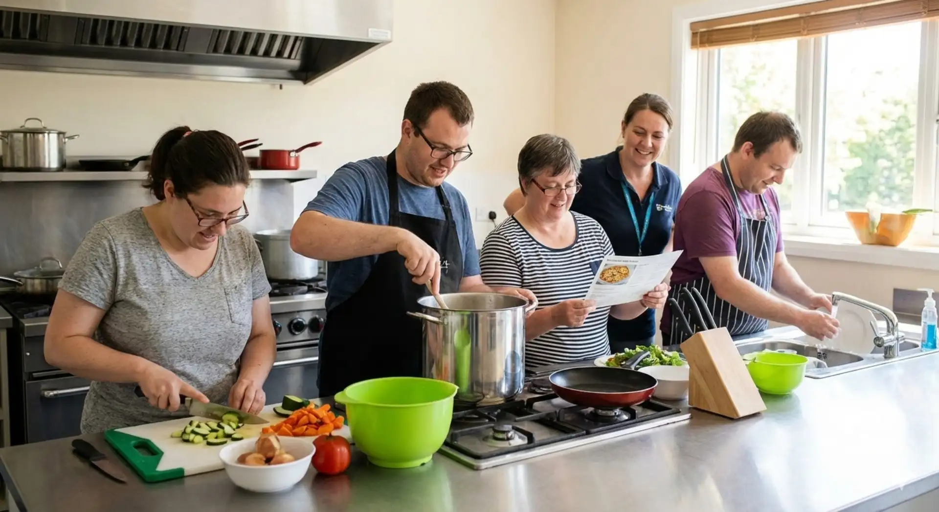 A group of Compass trainees preparing a meal together during an independent living skills cooking class.